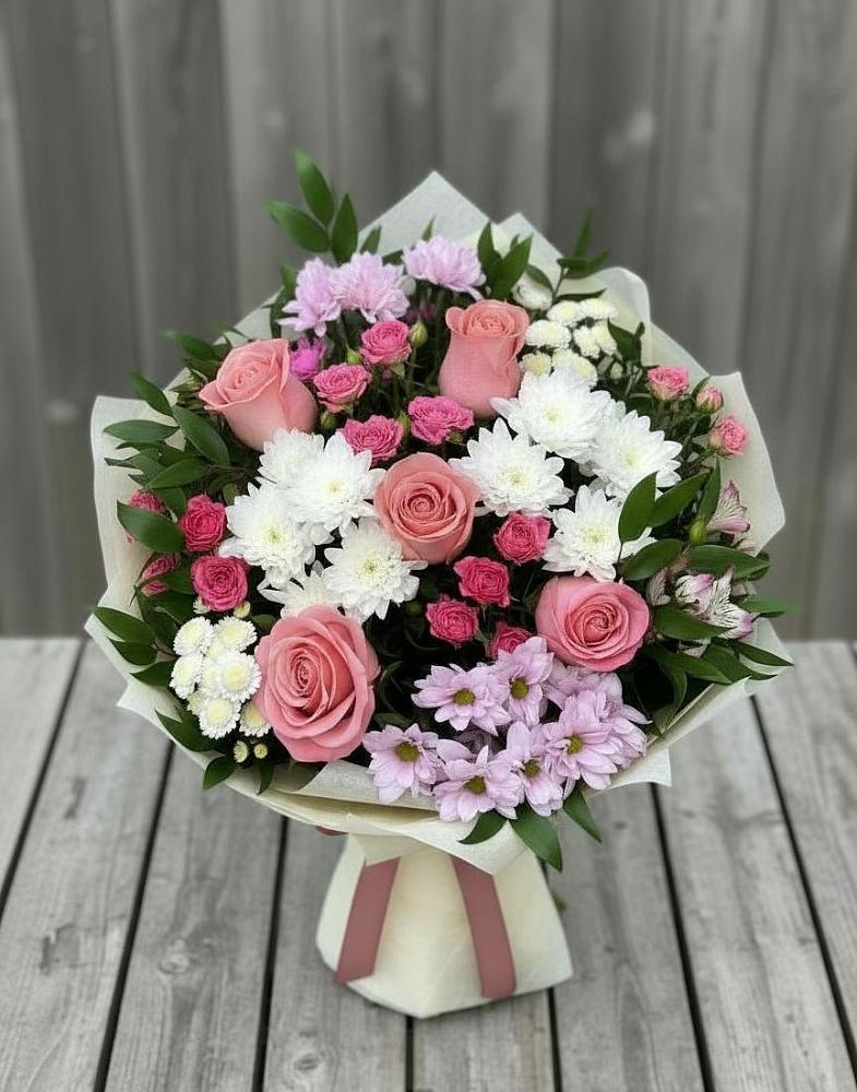 Букет цветов из: Альстромерии, Гвоздики, Розы и Хризантемы в Преградной