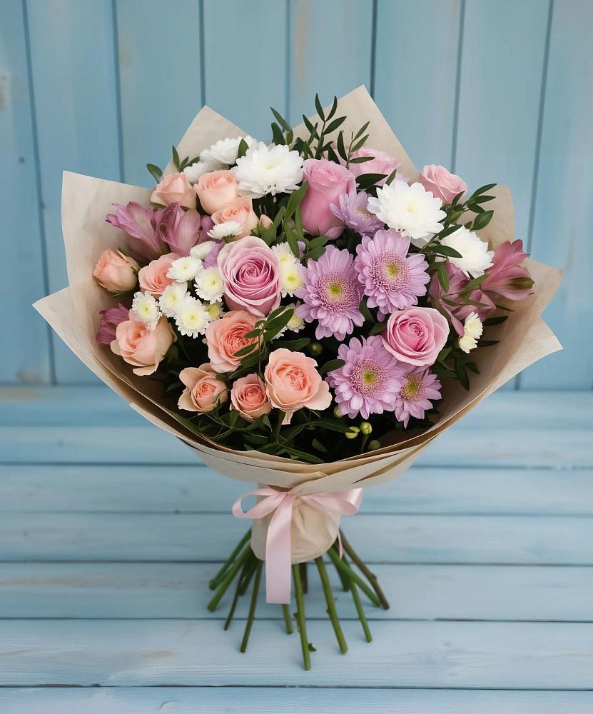Букет цветов из: Хризантемы, Розы и Альстромерии в Преградной