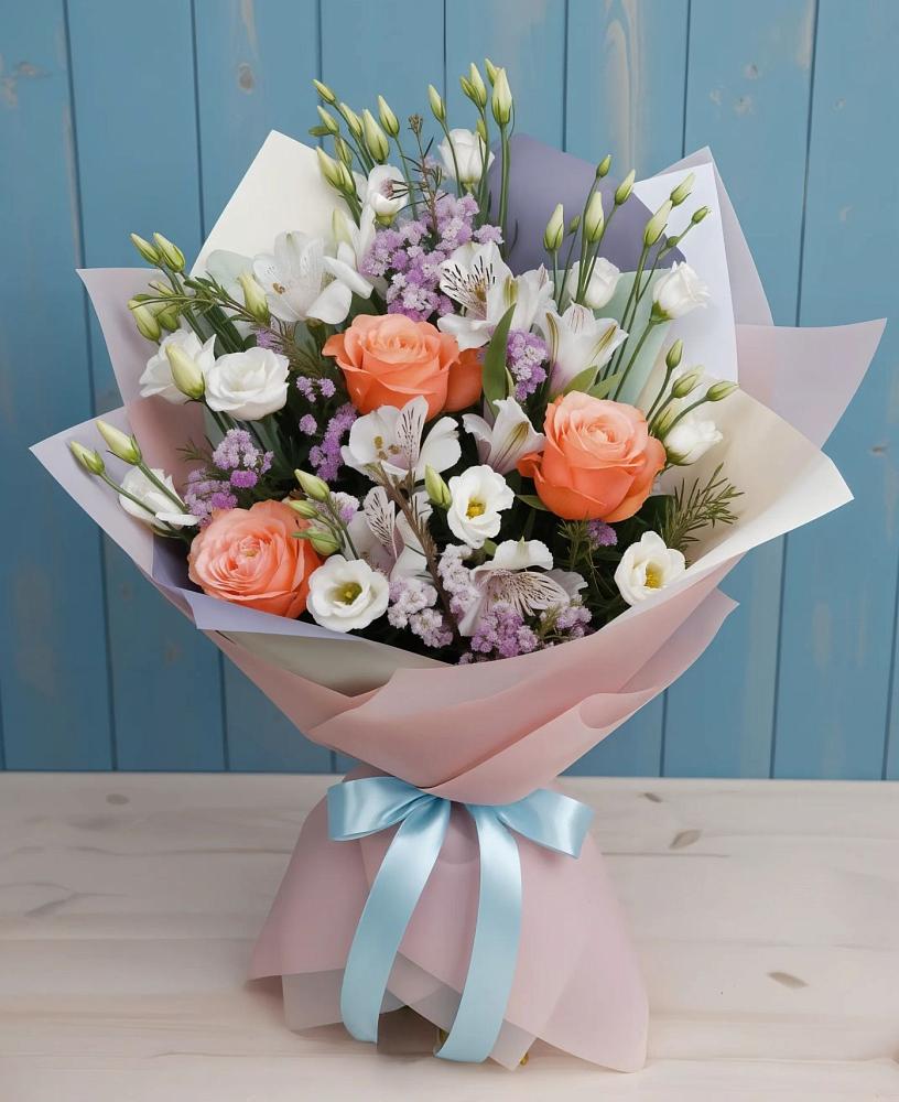 Букет цветов из: Лизиантусы, Розы, Альстромерии и Гипсофила в Преградной